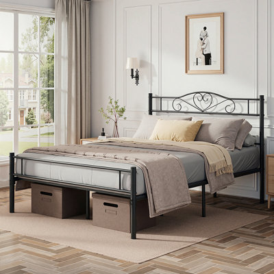 Single Double Platform Bed Frame, Metal Beds with Headboard and Footboard, Heavy Duty Steel Slats Support, Black/Pink