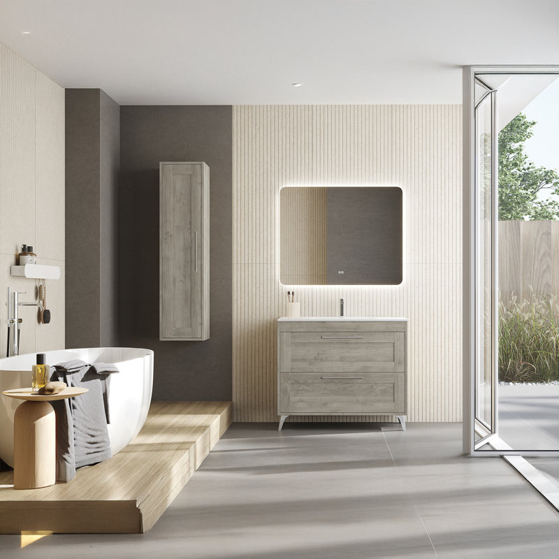 Rose C100F Free Standing Bathroom Vanity Unit in Grey Pine with Matte Chrome Handles, 40", Grey Pine