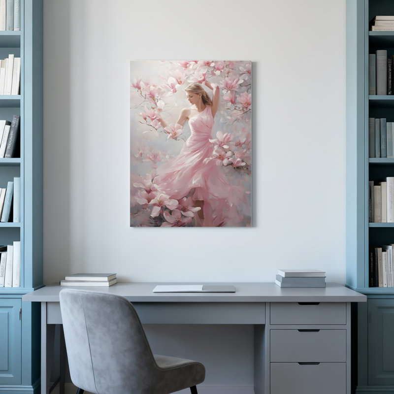 Tableau sur toile « Femme en robe rose et fleurs de cerisier » (1 pièce), H 18 po x l 12 po