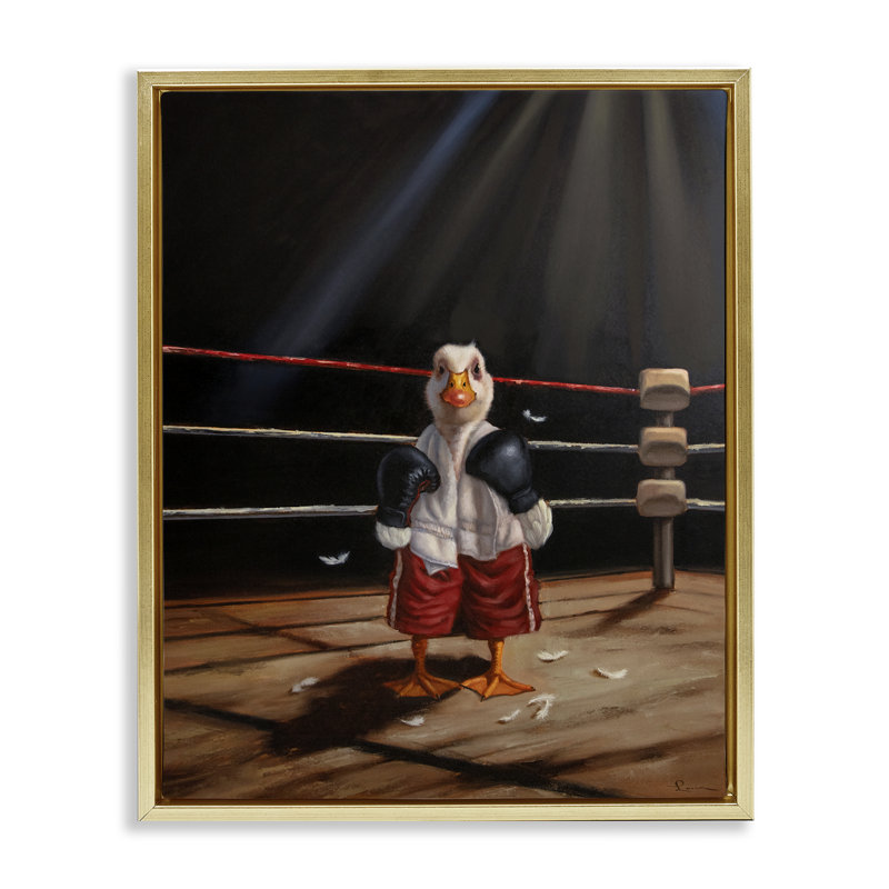 Cadre flottant canard dans un anneau de boxe, design par Lucia Heffernan, H 31 po x l 25 po, Cadre flottant métallique doré
