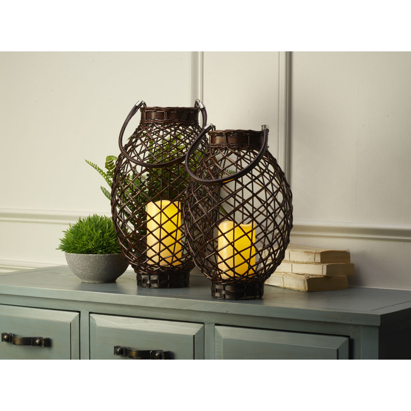 Elements 2 Piece Rattan Tabletop Lantern Set with Candle Included