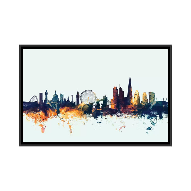 Skyline Series: Londres, Angleterre, Royaume-Uni I, impression sur toile tendue en bleu, Toile avec cadre noir, Pas de tapis