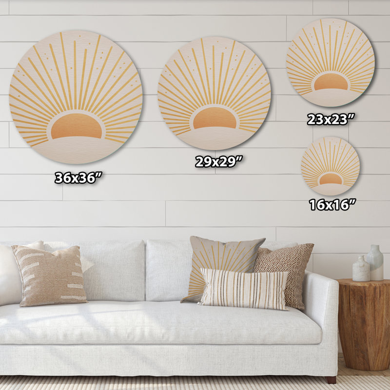 Mid Mid Century Yellow Sun Print - Minimalisme abstrait, art mural rond en métal, L 23 po x H 23 po