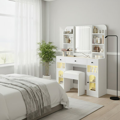 43.2" Dressing Table With LED Mirror And Lights, Glass Top Vanity With RGB Light Cabinets, 3 Drawers, Storage Shelves, And Stool For Bedroom