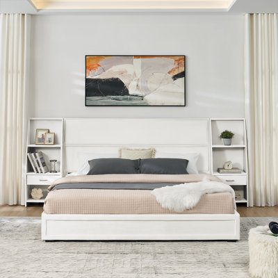Modern King Size Upholstered Bed Frame With All-in-one Storage Headboard & 2 Drawers With Integrated Open Shelves