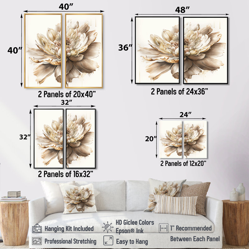 Simple fleur beige I - impressions sur toile beiges 2 pièces, H 36 po x l 48 po, Impression encadrée flottante, Noir