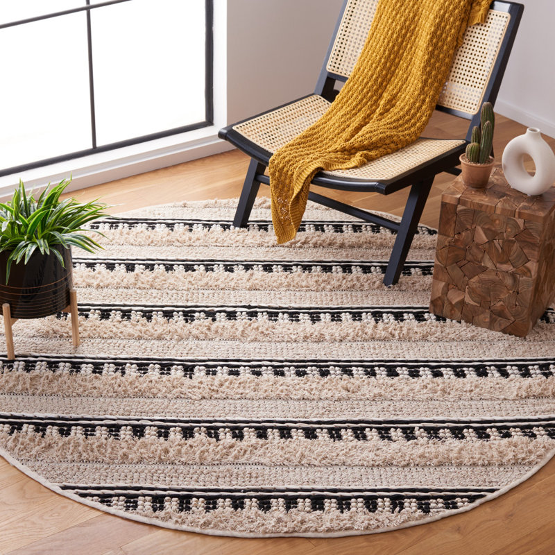 Tapis rayé beige / noir en coton tissé à la main Alva, Rond 6 pi