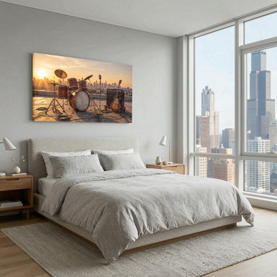 «Drum Kit and Electric Electric on Rooftop with City Skyline at Sunset», art mural
