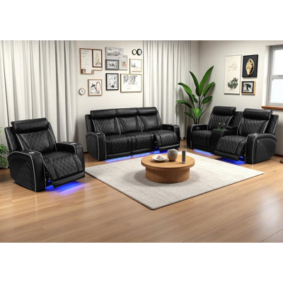3-Piece Breathing Leather Power Recliner Sofa Set With LED Light,Wireless Charging Station,And Storage Console