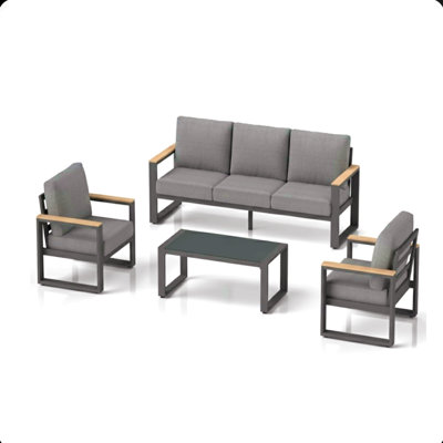 All-Weather 4-Piece  Aluminum Patio Furniture Set, 5-Seat Conversation Sofa With 10 Inches Extra Thick Back Cushions And Glass Table