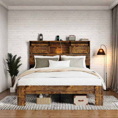 Queen Size Metal Bed Frame with USB Charging Station and Storage Headboard