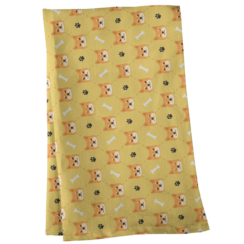 Serviette à thé à motif shiba shiba, Sergé de coton, Jaune