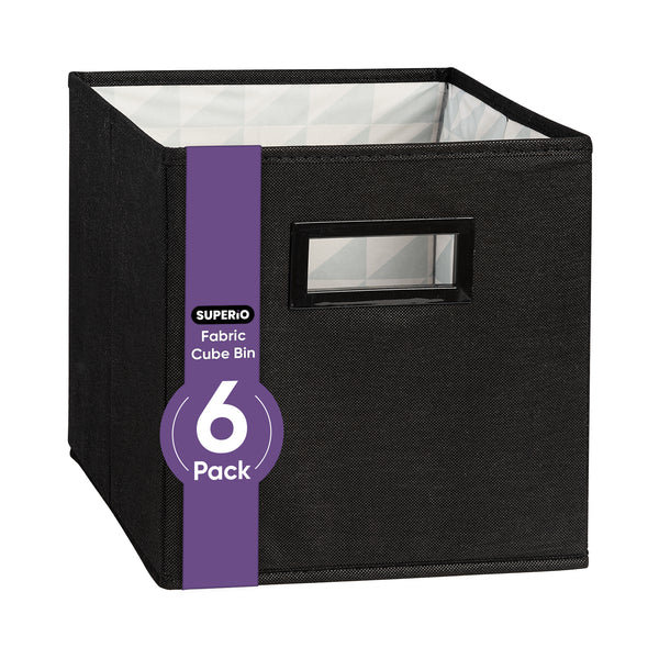 Collapsible Fabric Organizing Bin, Foldable Space Saver Storage Solution, Black Colour, Pack of 6, by Superio, Black