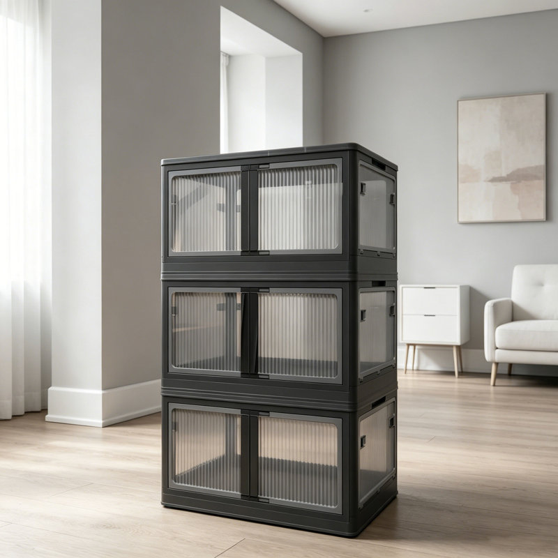 3-Pack Transparent Stackable Storage Bins with 5 Doors to Open with Wheels, Folding Plastic Craft Containers Large Closet Organizers Box