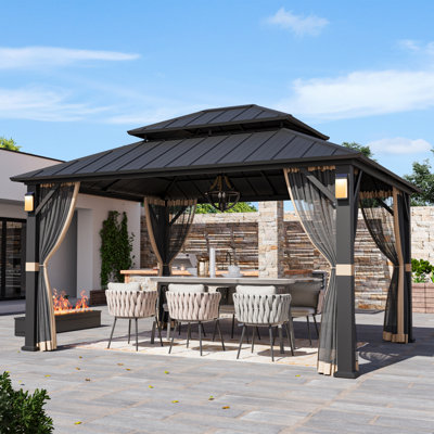 Hamilton 12' x 14' Hard Top Gazebo With Solar Self Powered LED Lights, Mosquito Netting And Canopy Hook