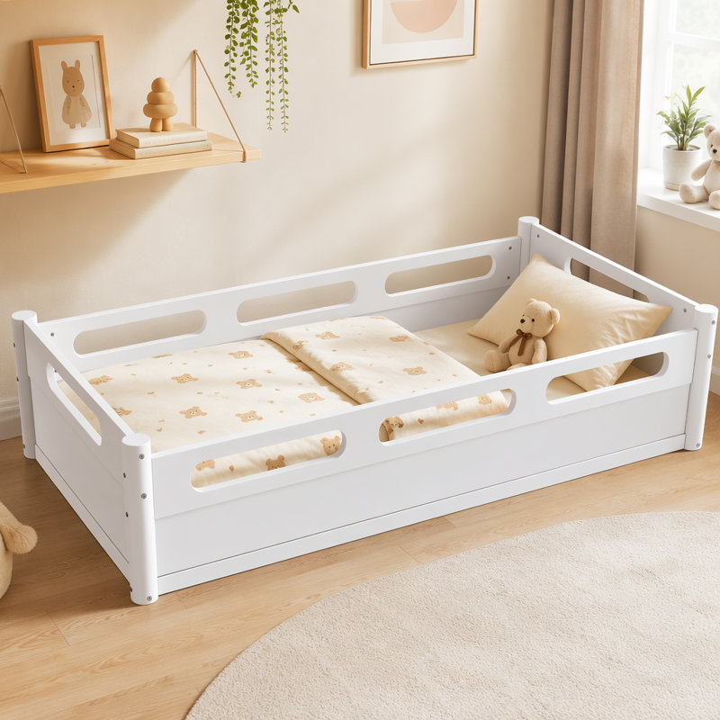 Lit plateforme au sol avec garde-corps pleine longueur, base de lit avec support en lattes de bois, Twin, White