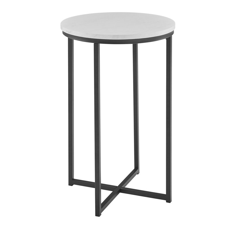 Table de bout avec pieds croisés Wasser, Faux marbre blanc, Noir