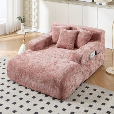     Chenille Chaise Lounge Chair Indoor,Single Sleeper Sofa Chair with Pillows,Comfy Compression Sofa Bed for Livingroom,Bedroom,No Assembly Required-Pink