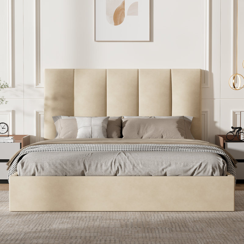 Upholstered Tufted Linen Platform Bed With Lift-Up Storage And Reinforced Slat Support, Warm Beige, Queen