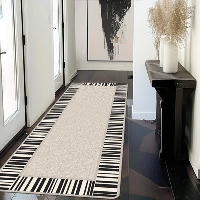 Tapis de couloir beige à rayures moderne lavable à la machine avec envers antidérapant