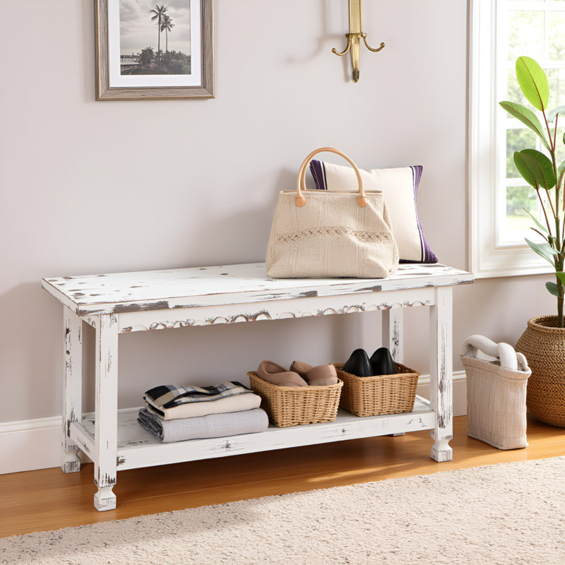 Banc rustique avec 1 tablette Jodh, en bois massif antique, parfait pour les meubles d'appoint et occasionnels, Blanc