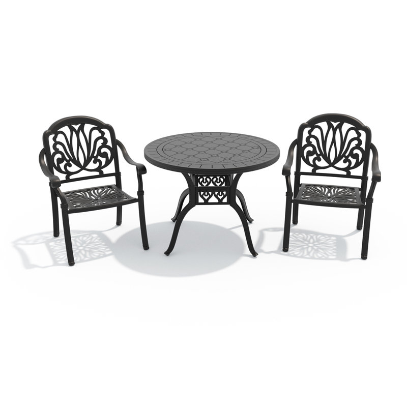 3-Piece Patio Dining Set, 39.37" Round Table & 2 Stackable Chairs with Brown Cushions