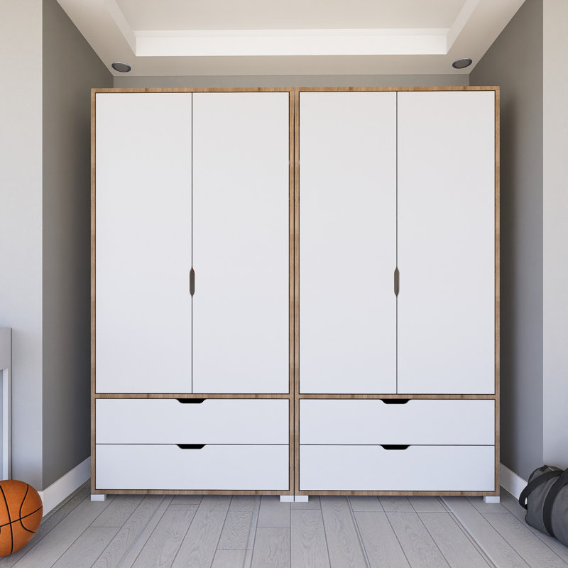 Armoire moderne avec nombreuses tablettes, finition noyer clair et blanc, 70,9 x 72,0 x 17,7 pouces | Panneau de particules 100% enduit de mélamine, conception murale robuste | Style scandinave pour les solutions de rangement organisées