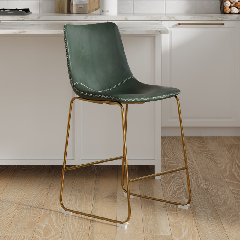 Nia Vegan Leather Bar & Counter Stool, Counter Stool (24" Seat Height), Green, Gold
