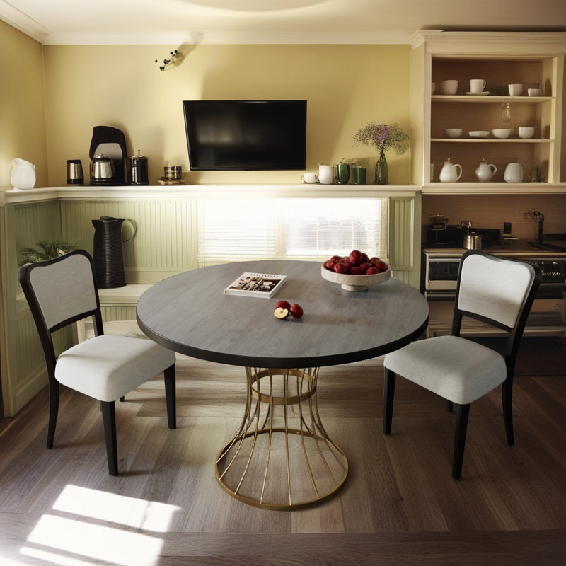 Premium Dining Set - Hardwood Table with Iron Base & Upholstered Chairs (3-Piece), Black, Black/Beige, Gold