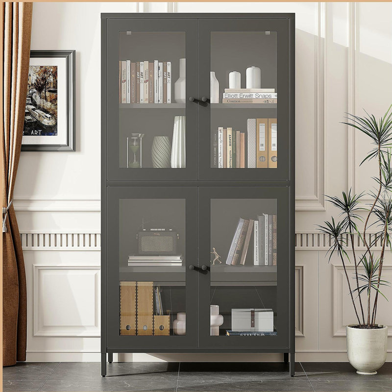 Classic Metal Storage Cabinet Display Cabinet with 4 Glass Doors 4 Shelves Cabinet Bookcase Side Cabinet