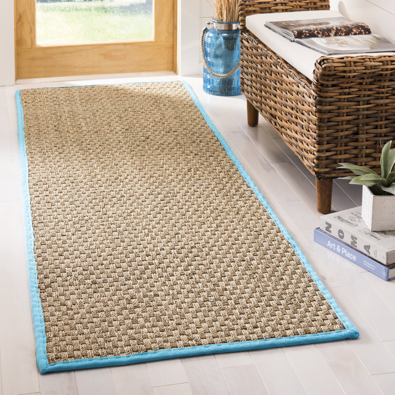 Joanna Auckland Bamboo Natural/Turquoise Area Rug, Runner 2'6" x 12'
