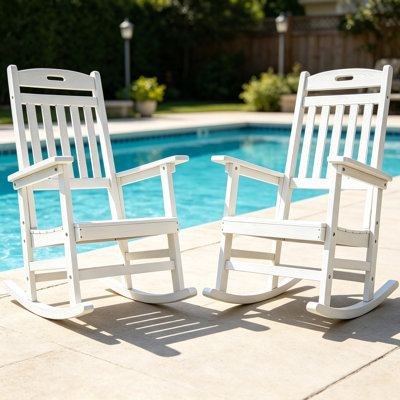 Outdoor Rocking Chairs Set of 2, Oversized Weather-Resistant Patio Rocker, High-Back Poly Porch Seating, Heavy-Duty 350lbs Capacity for Lawn & Garden, White