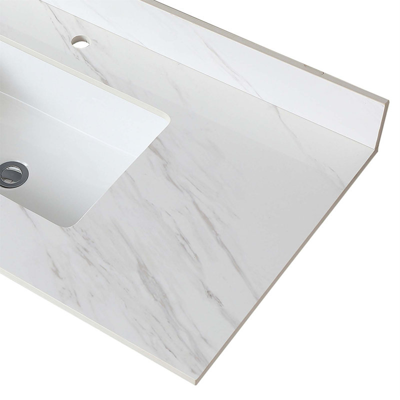 Dessus de meuble-lavabo en marbre avec trous de robinet pré-percés, comptoir de salle de bain avec lavabo central rectangulaire encastré et dosseret de 4 po de hauteur, Bianco Carrara Venato