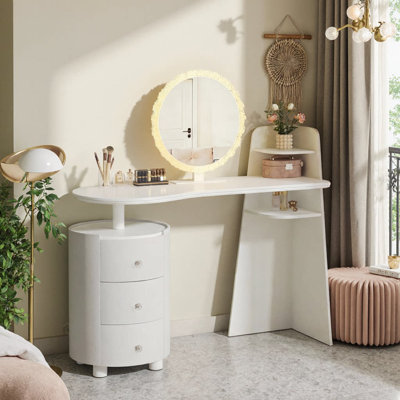 Modern Round Led Vanity Mirror With Rotating 3-Tier Storage, Light Luxury Dressing Table