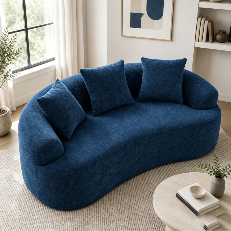 Causeuse incurvée Boneless: emballage compressé, tissu chenille, éponge 30D, sans assemblage, Bleu
