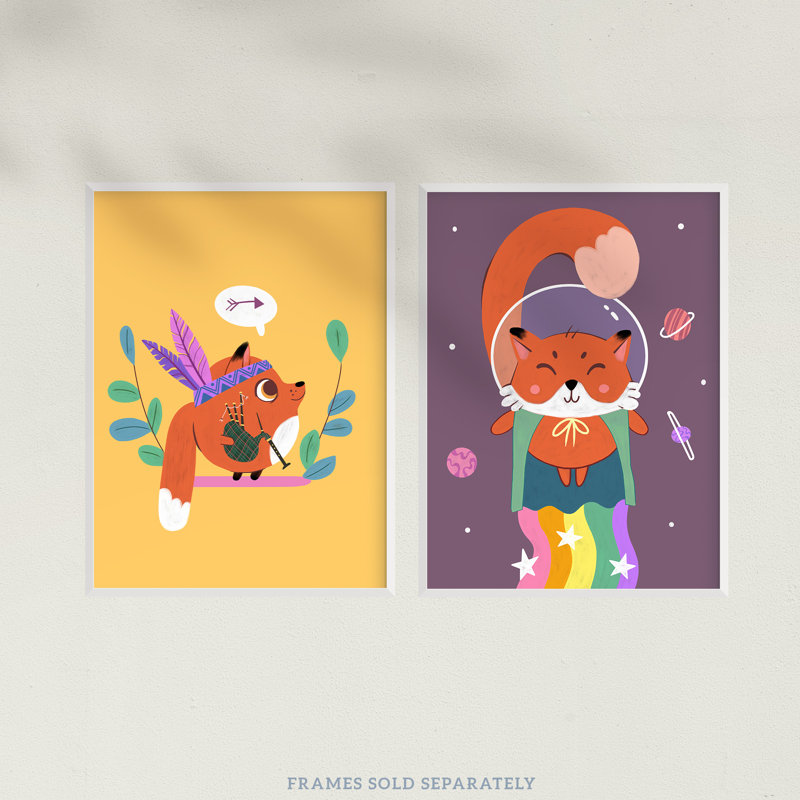 Fun Cute Fox Kids Bedroom Native American Rainbow Superhero Colourful 2 Piece Wall Art, 40.5cm H x 30.5cm W x 0.3cm D