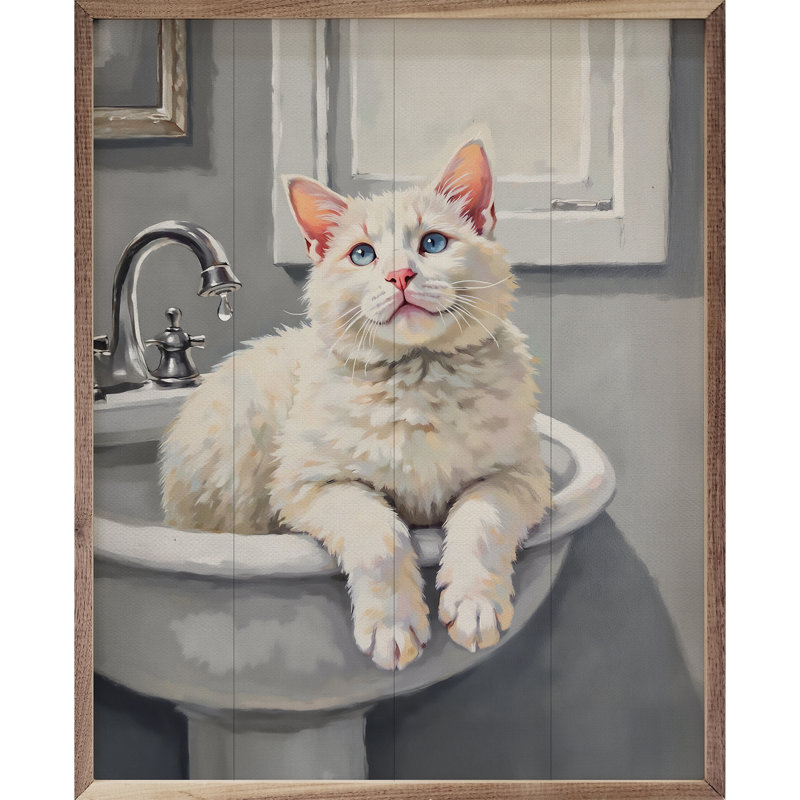 Chat blanc dans l'évier, H 10 po x l 8 po