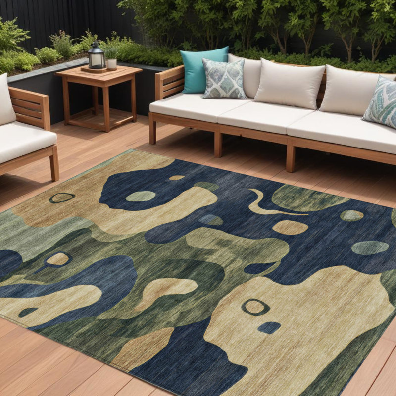 Tapis d'extérieur lavable abstrait 8 pi x 10 pi bleu marine et vert olive