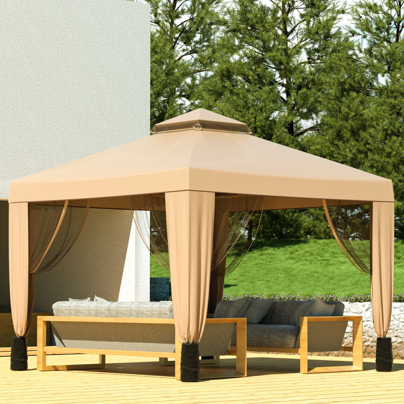 10 x 10 ft Beige Steel Frame Patio Gazebo with Netting