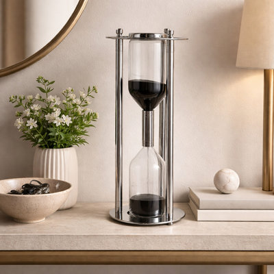 Sablier rond décoratif en verre avec tiges de support en métal pour le bureau - Décoration sculpturale pour la décoration de salon ou de tablette - Argent