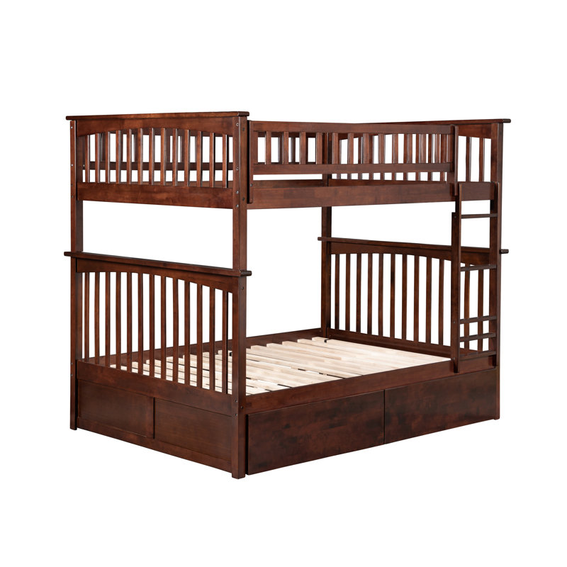Lit superposé en bois massif avec tiroirs de rangement Flinn, Double sur double, Walnut