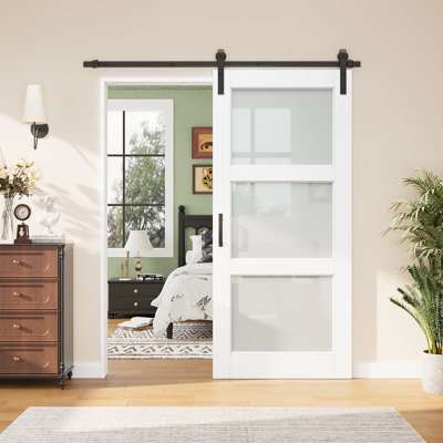 Pre-assembled Panel, 19-lite Frosted Glass Sliding Barn Door White Finish Solid Manufactured Wood Closet Door with Installation Hardware Kit