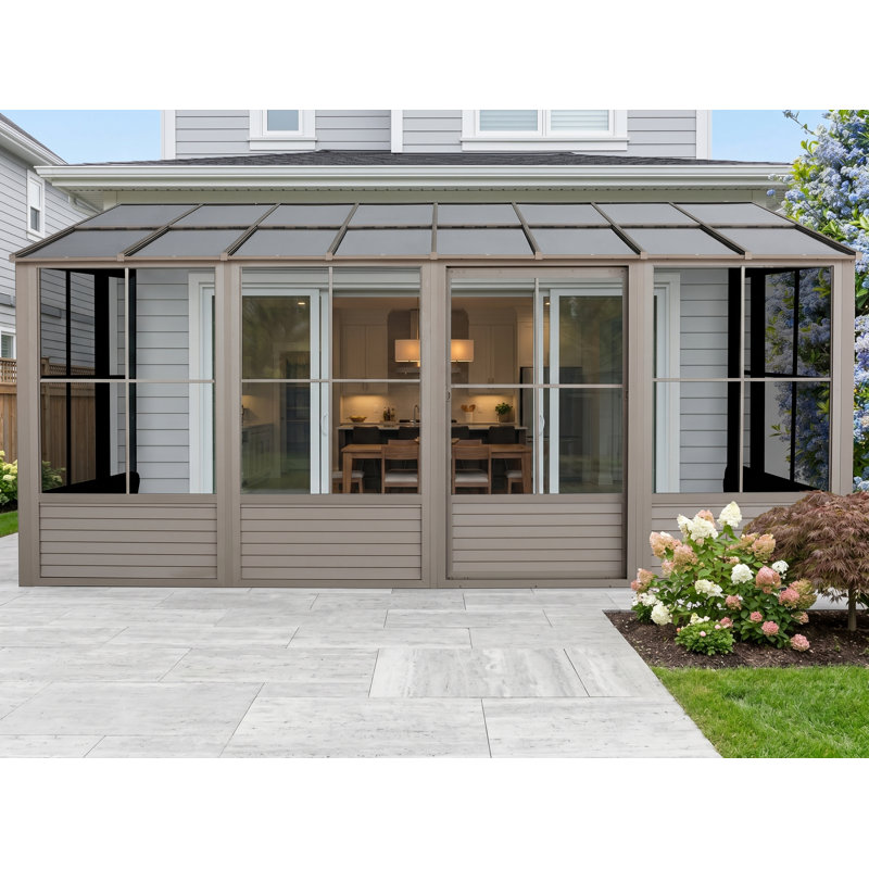 Gazebo Penguin Florence 2,4 m x 4,9 m, Solarium mural avec toit en polycarbonate - Sable, Brun