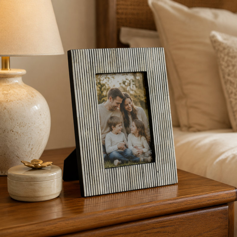 Handcrafted Black & Natural Bone Inlay Striped Tabletop Picture Frame