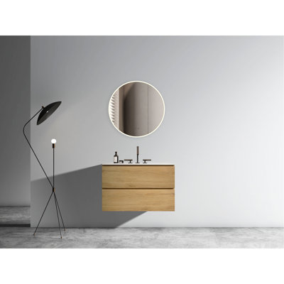 Meuble-lavabo mural en chêne naturel - 30 po avec lavabo en céramique, 3 trous de robinet et trous de lavabo à tiroirs silencieux