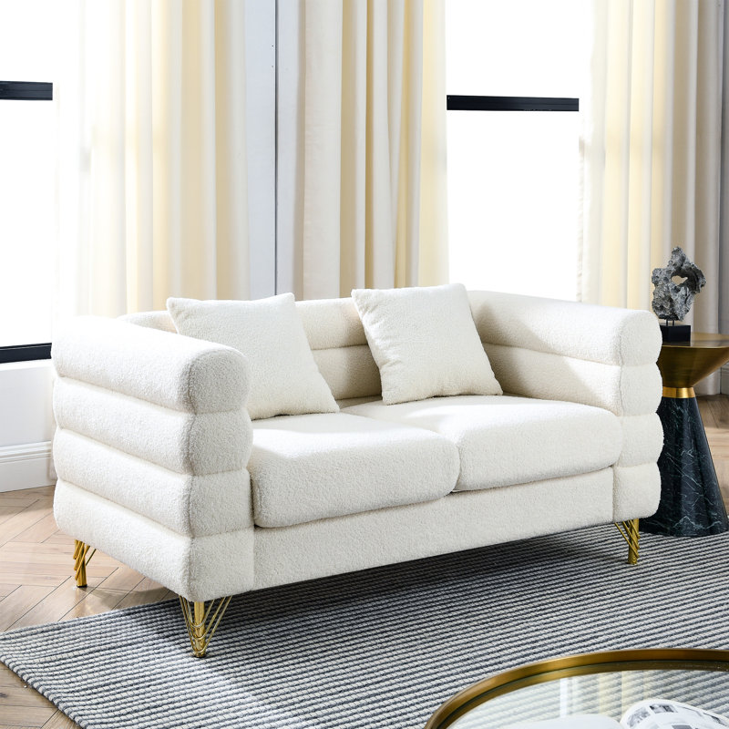60 pouces 2 places, assise moelleuse et profonde, blanc, avec coussins, profilé moderne pour espace de vie principal confortable, moderne, bois et métal