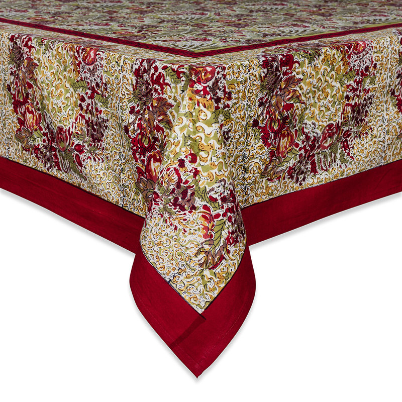 Winter Garden Wreath Handmade Floral Tablecloth, 71" W x 128" L, Red-Green