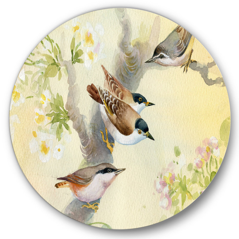 Oiseaux sur un pommier en fleurs - Cercle en métal traditionnel, H 29 po x l 29 po x P 1 po
