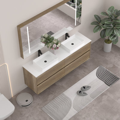Meuble-lavabo double 72 po avec comptoir en quartz blanc et vasques en céramique