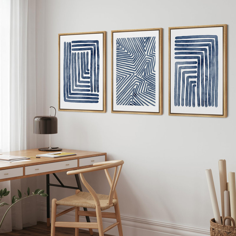 Geometric Line Navy Blue Stripe Abstract Boho Mid-Century Modern Frame Canvas 3 Piece Print Wall Art, 36" H x 72" W x 1.5" D